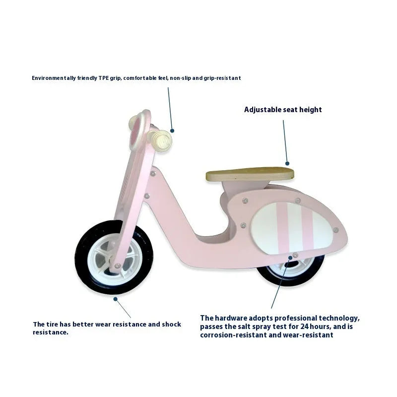 Pink wooden balance scooter for toddlers, 10 inches long, for children aged 1-6 years.