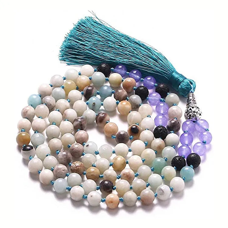 Colourful agate and gemstone tassel necklace with geometry pendant on adjustable 95-100cm chain.
