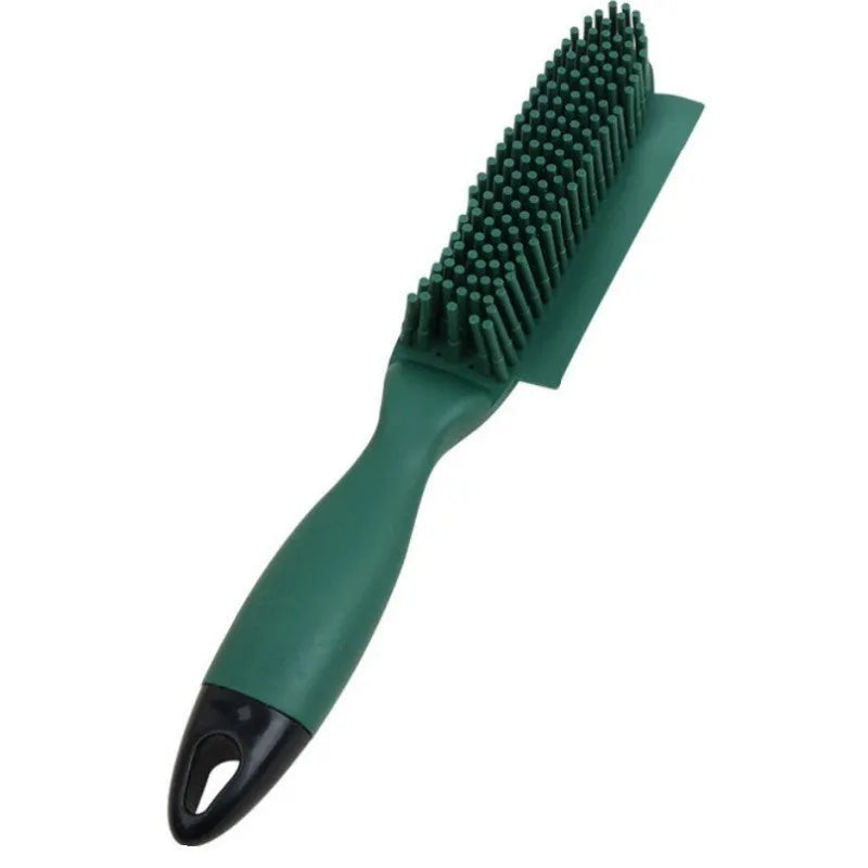 Green dog brush with pet hair remover and massage function next to wool sticker for fabric cleaning