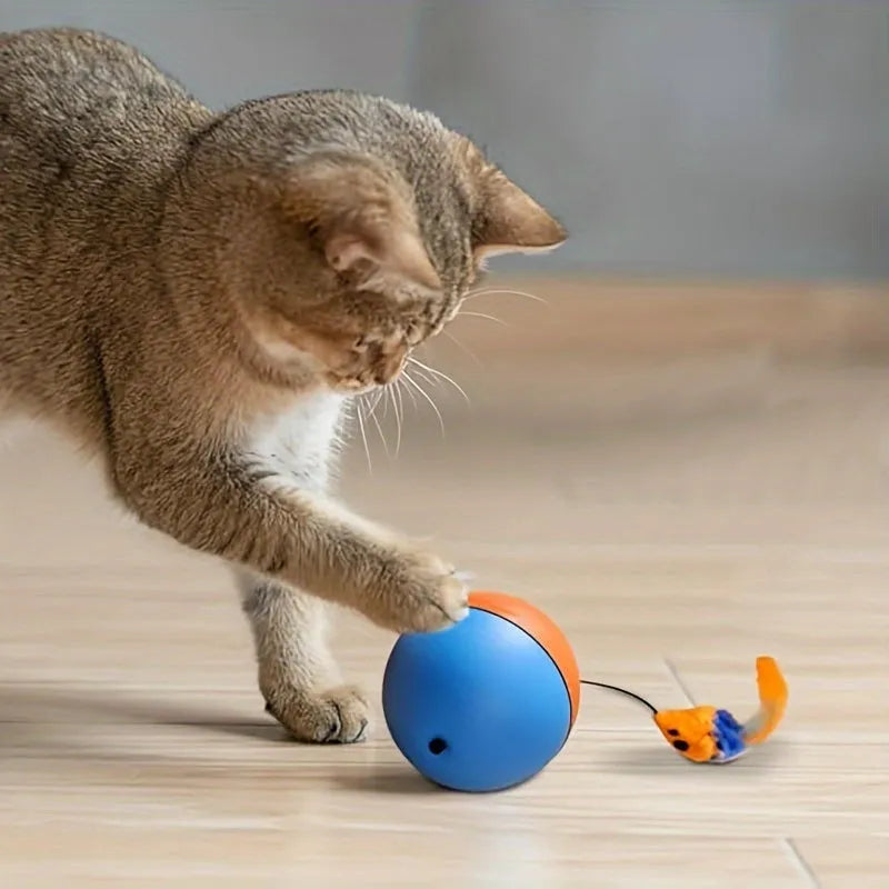 Interactive blue and orange plush mouse cat toy with feather teaser, 8.5cm diameter