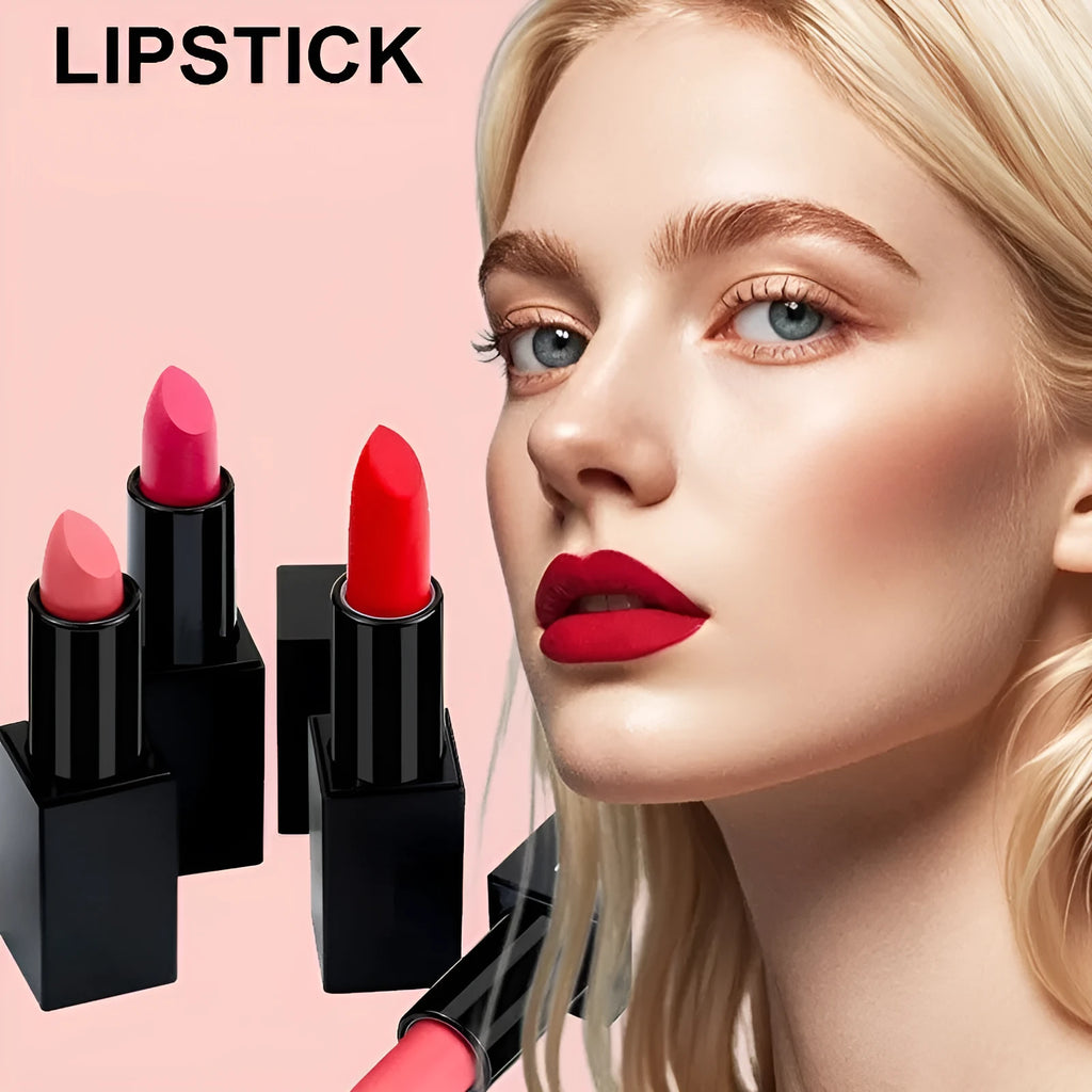 Matte finish lipstick bullet in one of 24 colours, showcasing waterproof and nonstick cup properties.