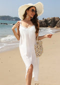 White women's beach dress with adjustable suspenders and hollow crochet detail