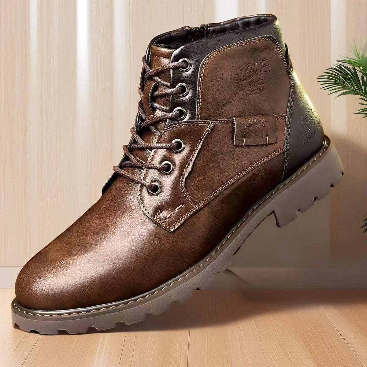 Men's brown and black side-zip Martin ankle boots with round toe and rubber soles