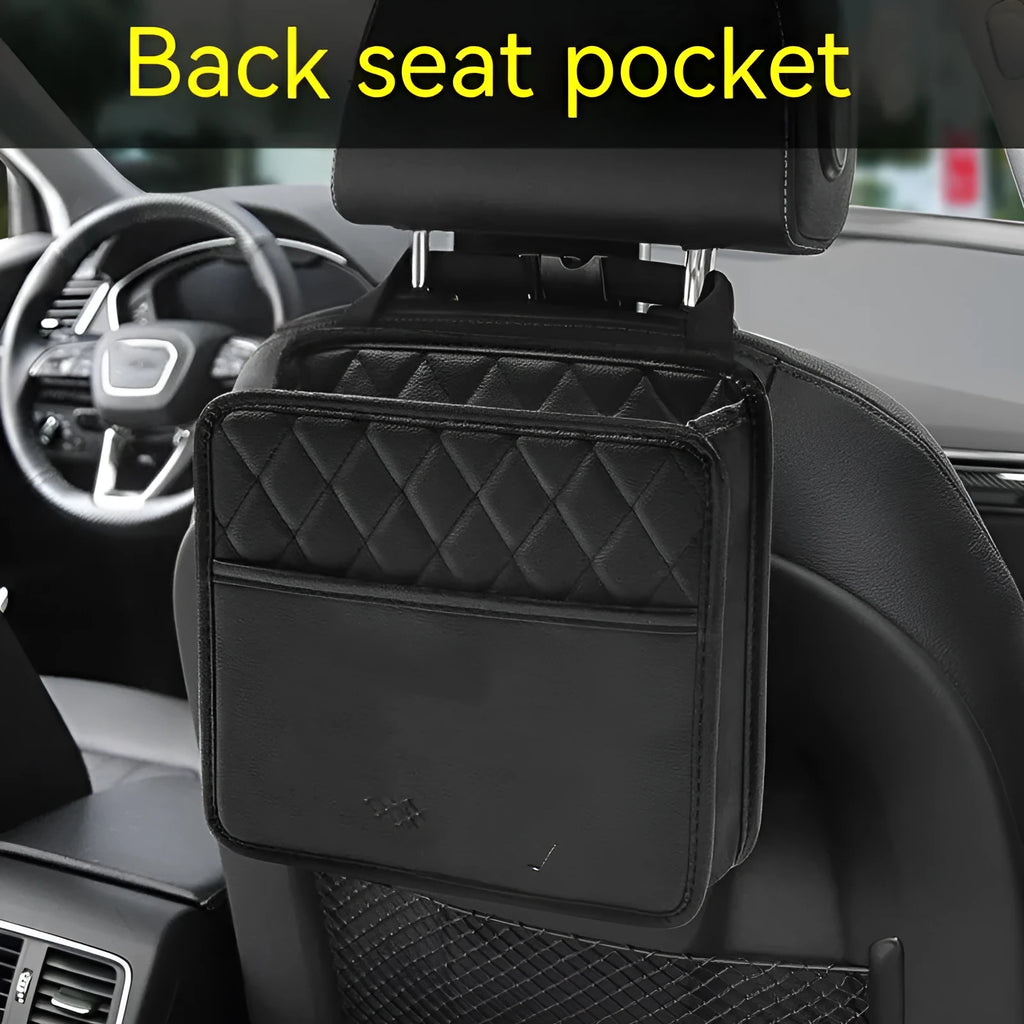 Black leather car hanging storage bag measuring 25cm by 25cm
