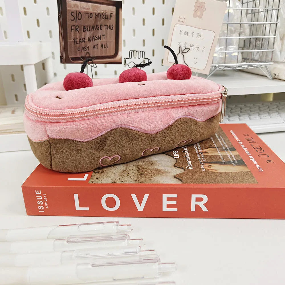 Cherry Cake design velvet pencil case in Korean style.