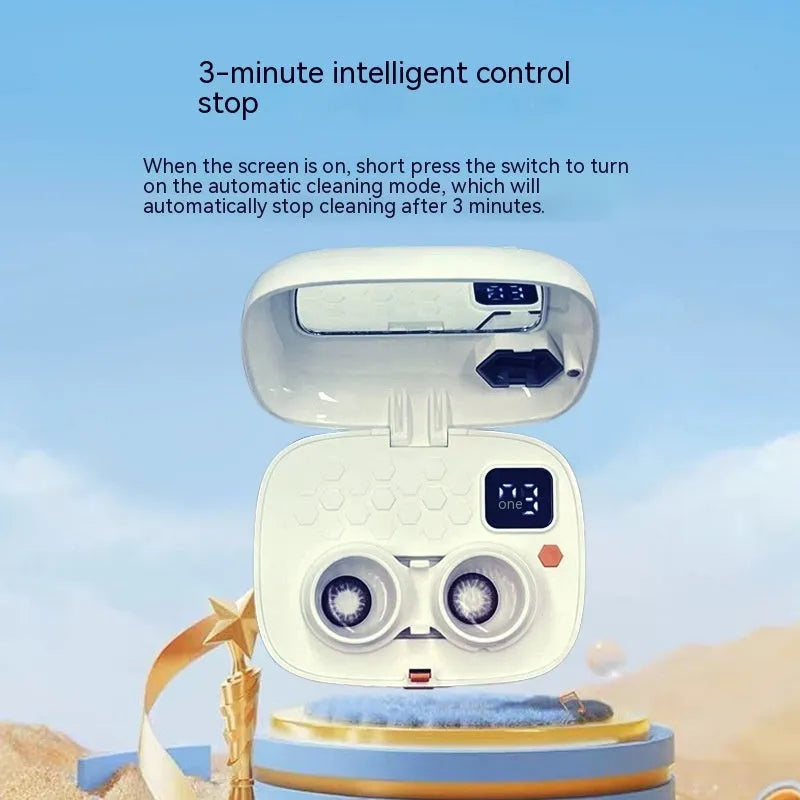 Blue automatic ultrasonic contact lens cleaning machine on a white background.