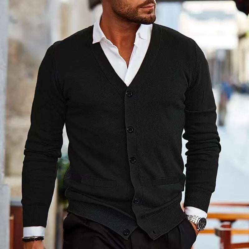 Men's slim fit acrylic cardigan sweater in wine red colour on a hanger.