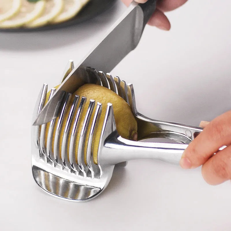 Silver plastic lemon slicer kitchen gadget with ergonomic handles for cutting citrus fruits