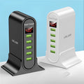 Smart LED digital display USB wall charger in black or white with selectable EU, UK, or US plug styles.