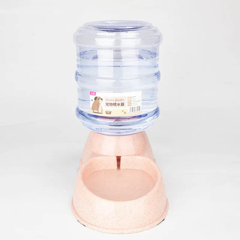 Automatic pet feeder and drinker combo set with plastic feeding trough and drinking trough for cats and dogs