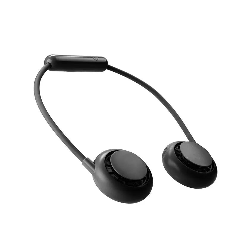 Mini Lazy Hanging Neck Fan S850 in black, leafless design with foldable hose, worn around neck