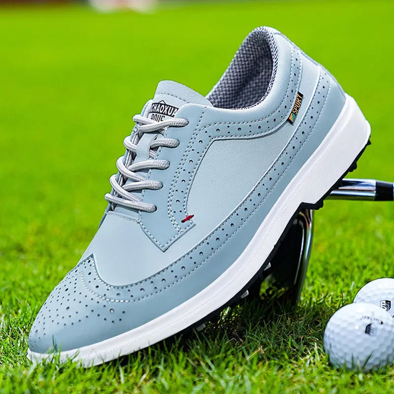 Men's genuine leather golf shoe in lake blue with a non-slip rubber outsole.