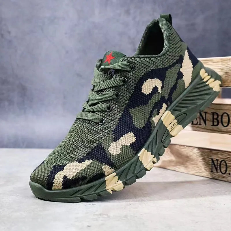 Army Green mesh military training sneakers with non-slip PVC sole on outdoor ground