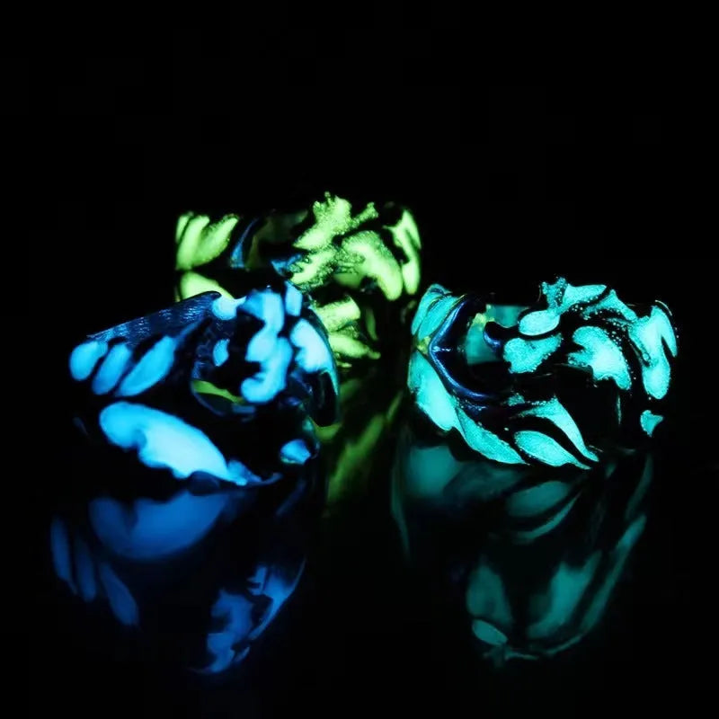 Adjustable metal ring with a luminous Chinese dragon pattern in antique silver blue and green.