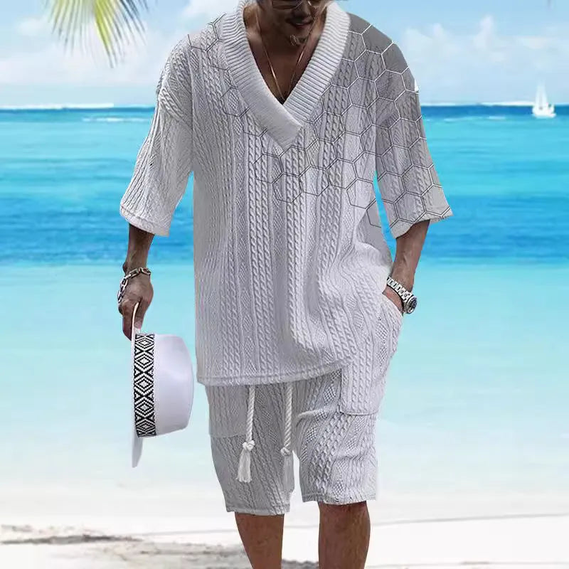 Printed drop-shoulder men's knitted short-sleeved top with matching shorts in a colour from the TH01-362 to TH01-366 range.