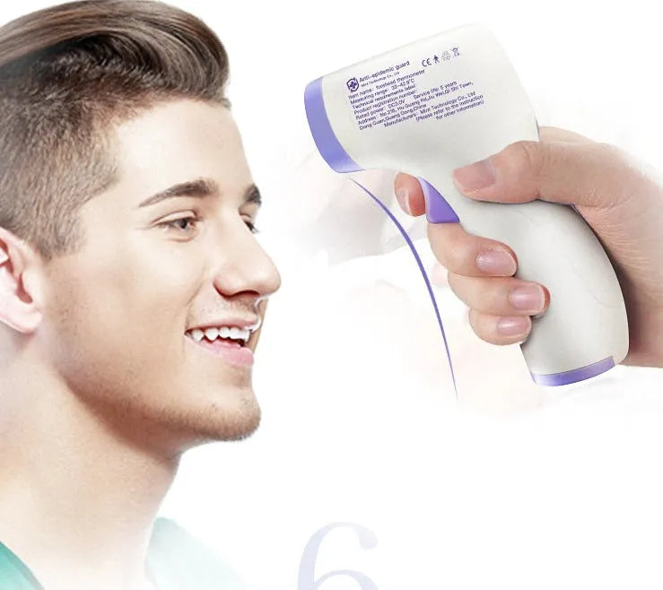Non-contact infrared thermometer HTD883A with forehead measurement button and digital display for 0.5-second temperature reading