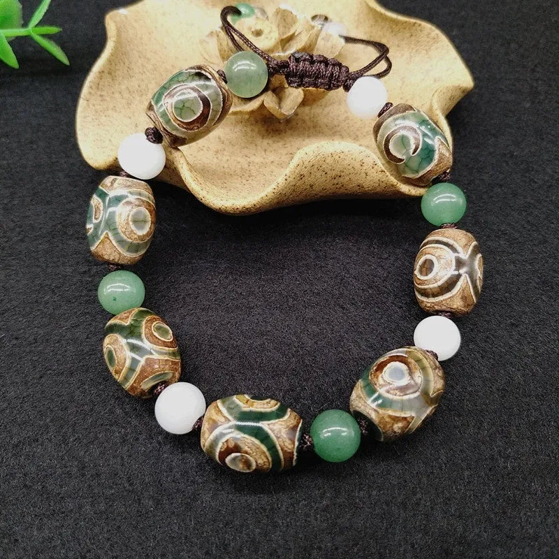 Green agate Tibetan beads bracelet with three-eye design and geometric ethnic patterns