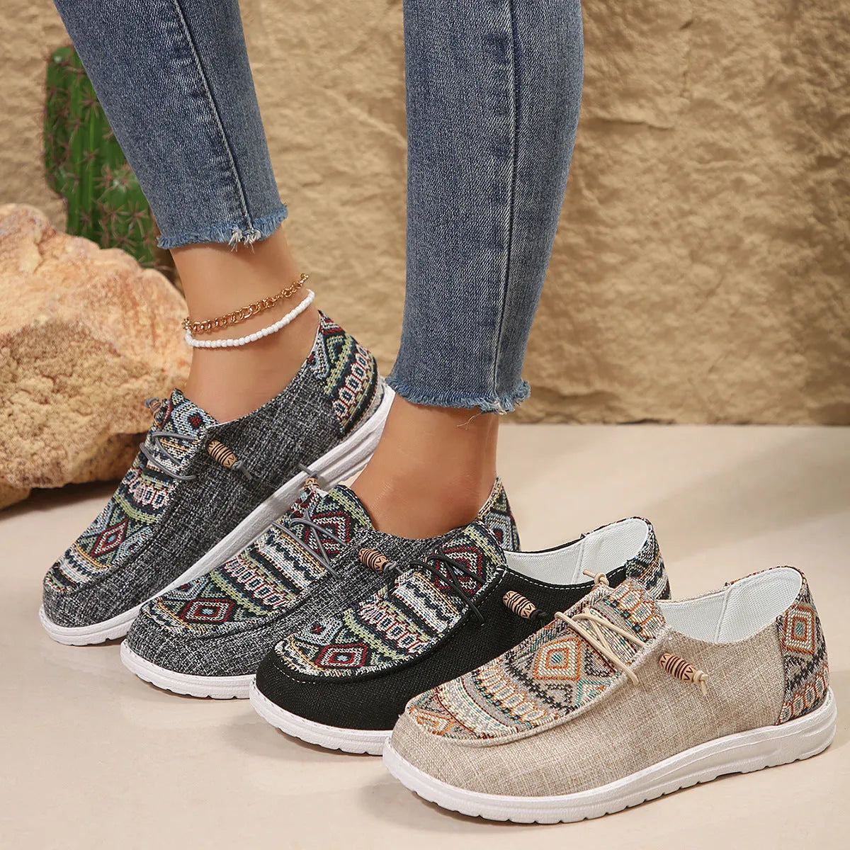 Women's round toe low-top flat shoes in black, dark grey, and khaki colours