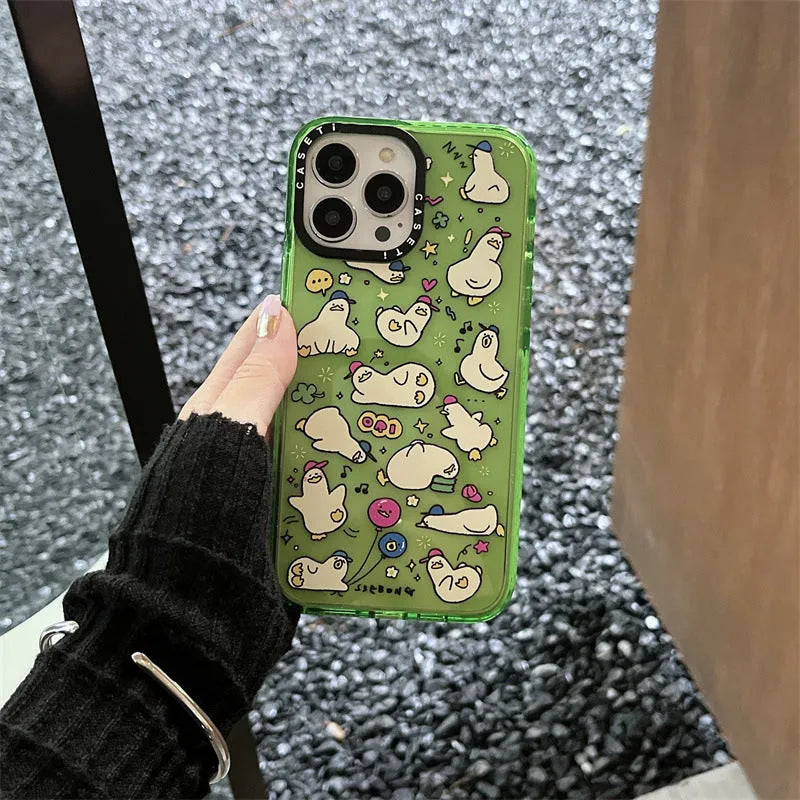 Little Duck Creative drop-resistant PC phone case with cartoon duck pattern and flash acrylic finish in green for iPhone