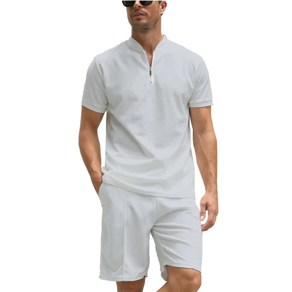 Men's solid colour polo shirt and shorts two-piece set in beaded bird's eye polyester fabric
