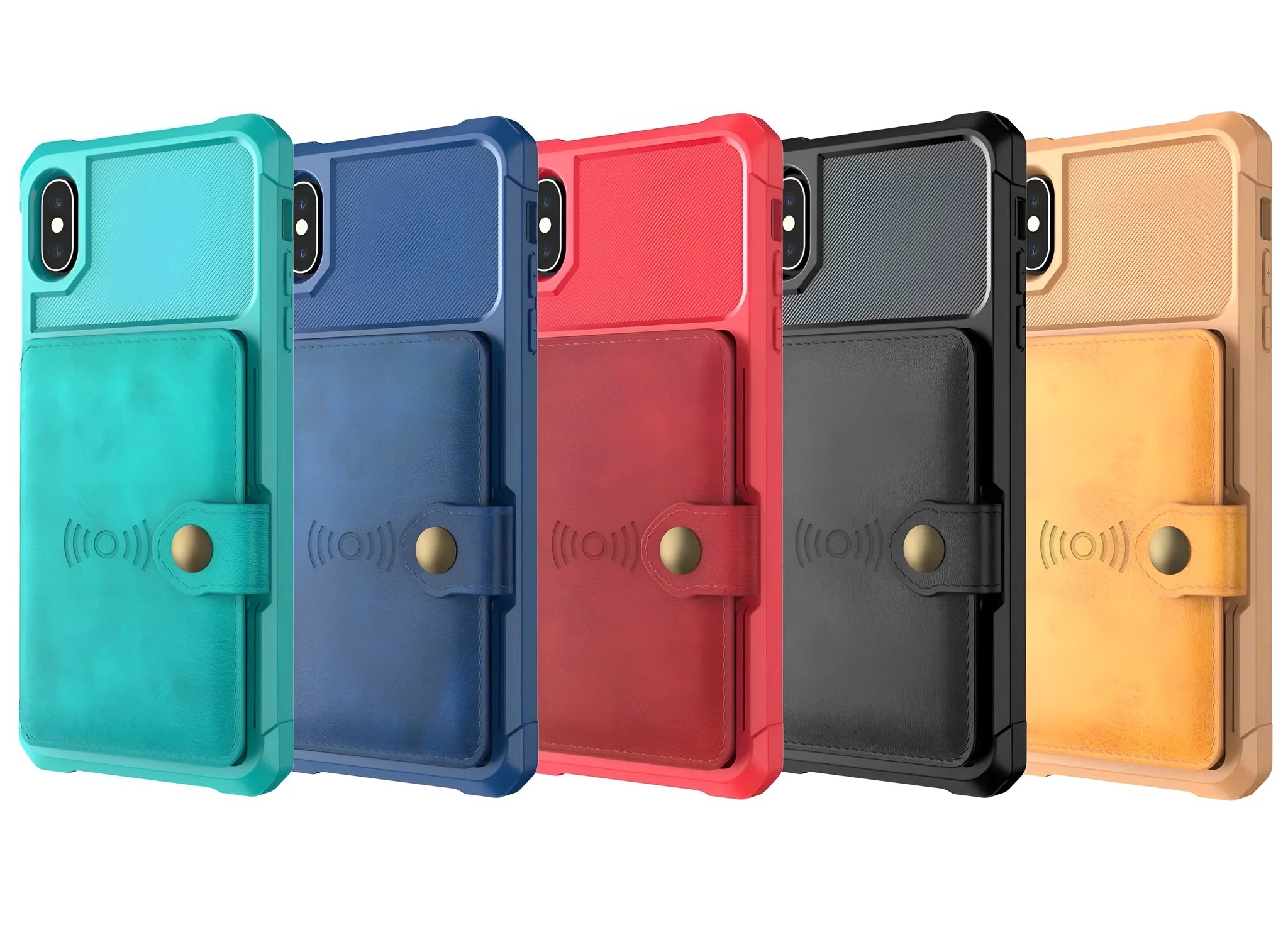 Black PU mobile phone case with a machined geometry pattern on the back, shown next to a gold version.