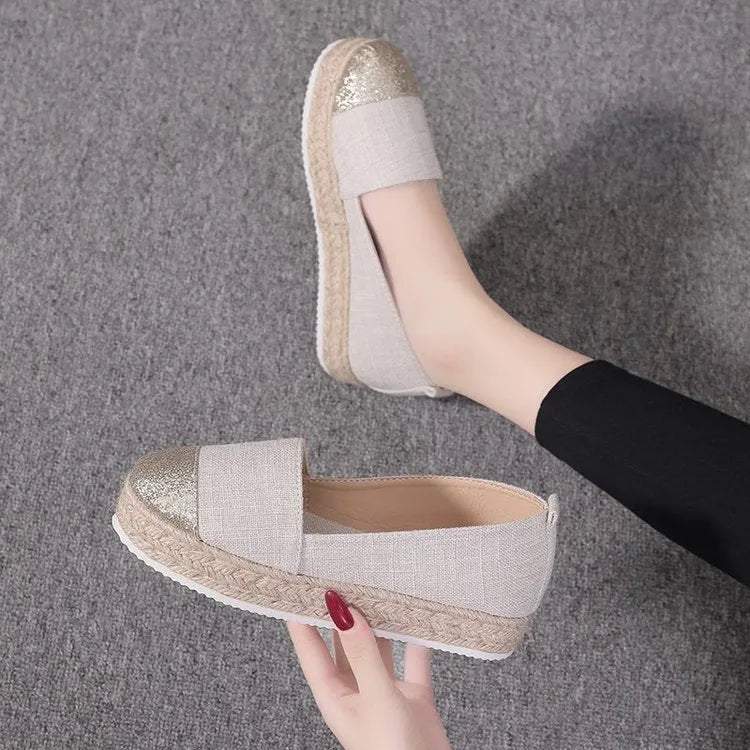 Plus size canvas oversleeve shoes in black and beige colours showing round toe design