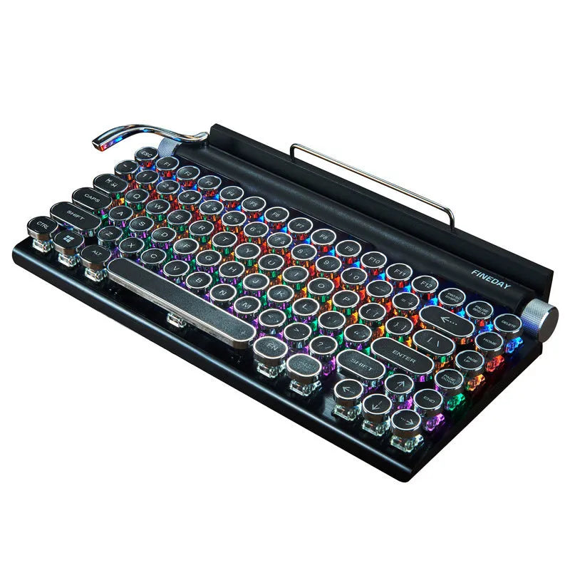 Black retro-style mechanical keyboard with colourful backlit keys on a desk.