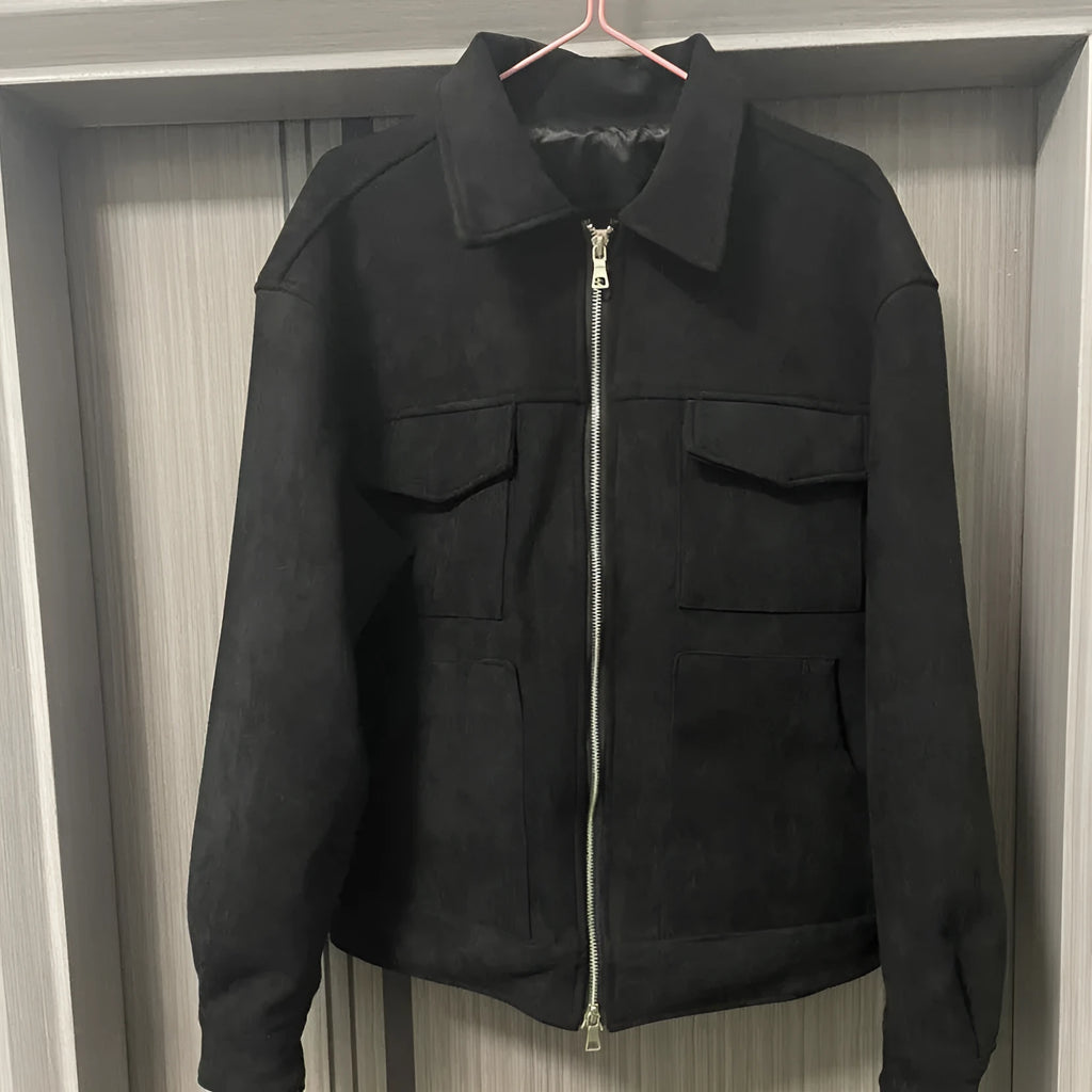 Thickened slim-fit zipper jacket coat in camel colour shown on a model, featuring big pockets.