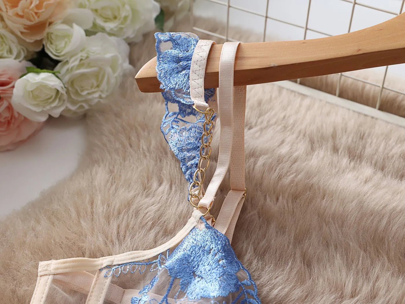 Light blue lace underwear push up bra set with transparent mesh panels