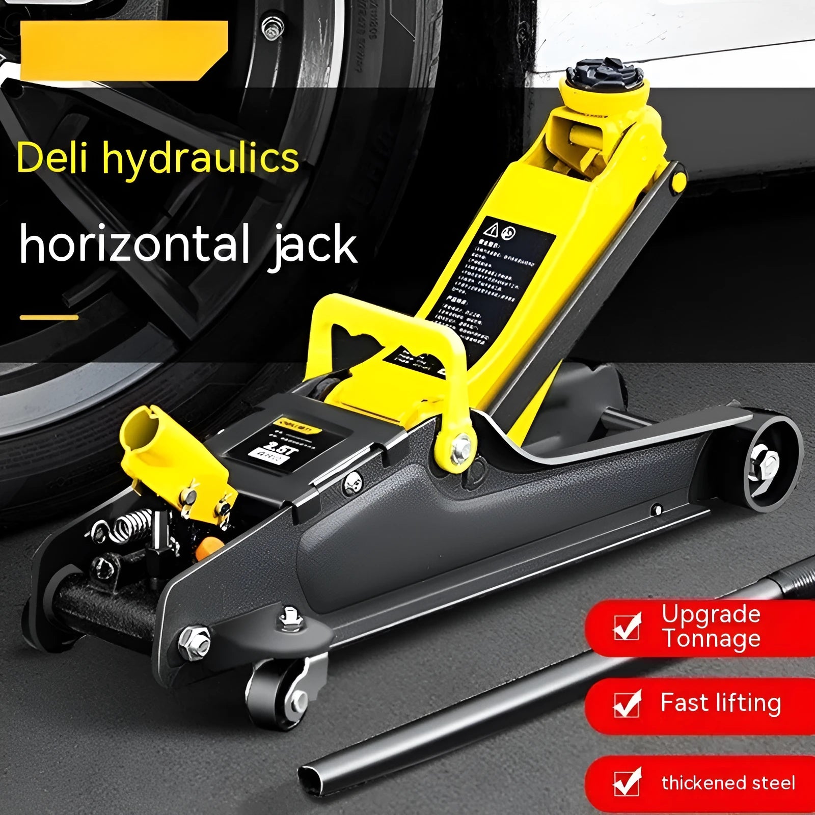 Hydraulic low-profile car jack with built-in handle for tyre changes