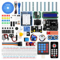 LAFVIN Arduino Super Starter Kit showing blue R3 board, breadboard, LEDs, sensors, motors, and components on a white background.