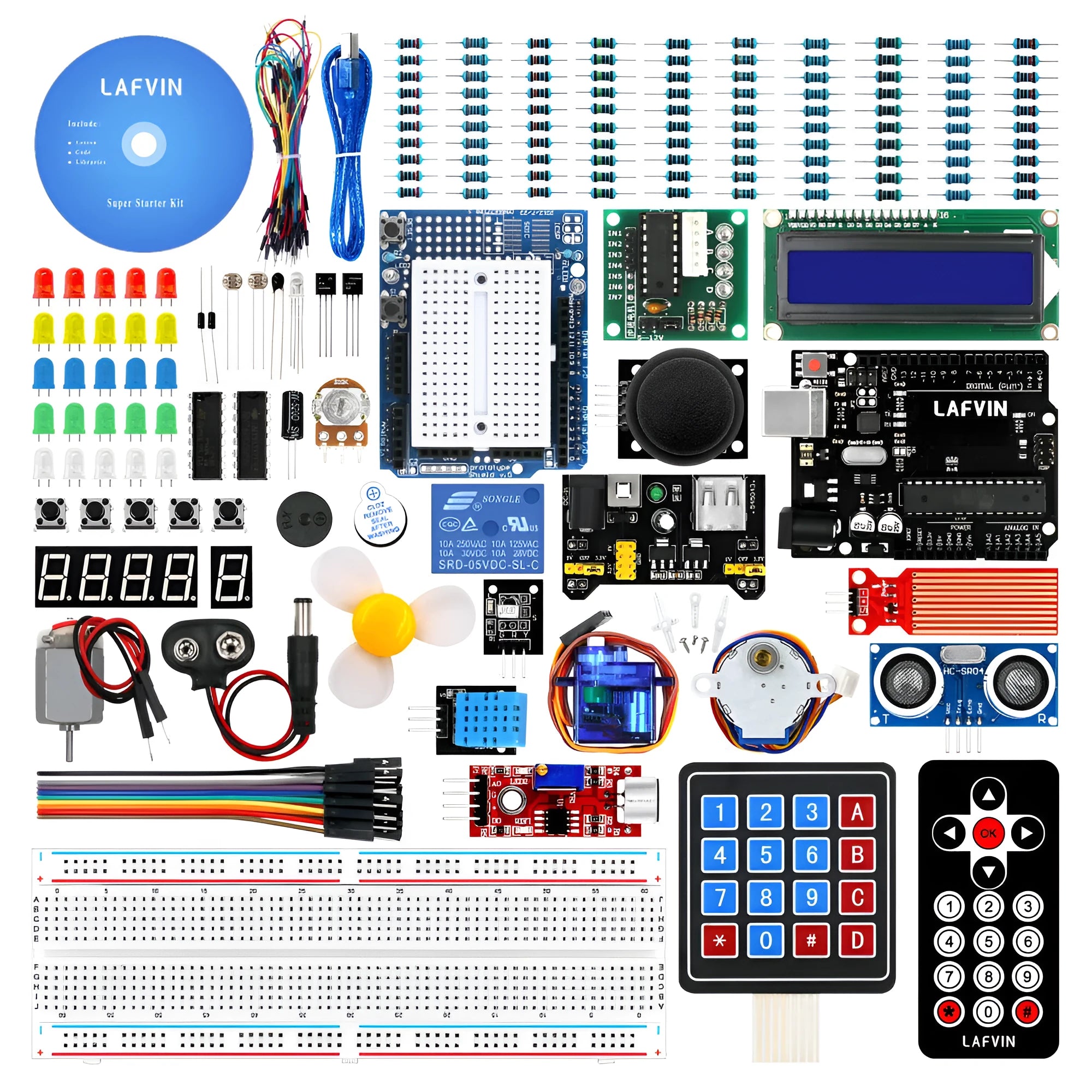 LAFVIN Arduino Super Starter Kit showing blue R3 board, breadboard, LEDs, sensors, motors, and components on a white background.