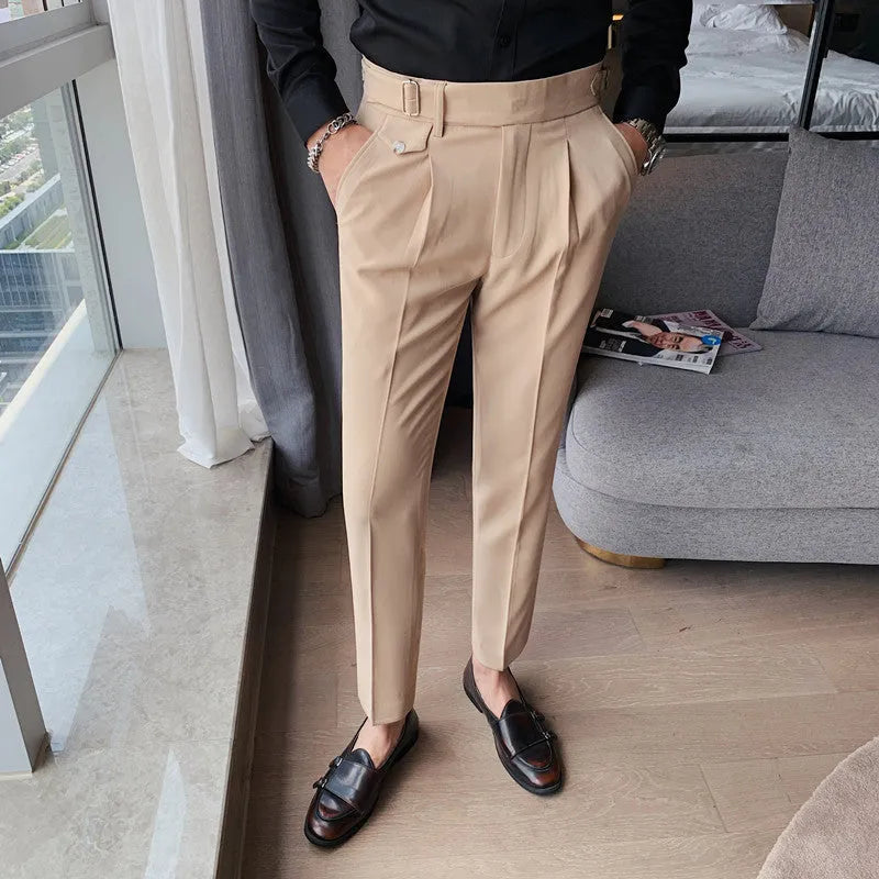 Men's straight-leg casual trousers in black polyester on a plain background.