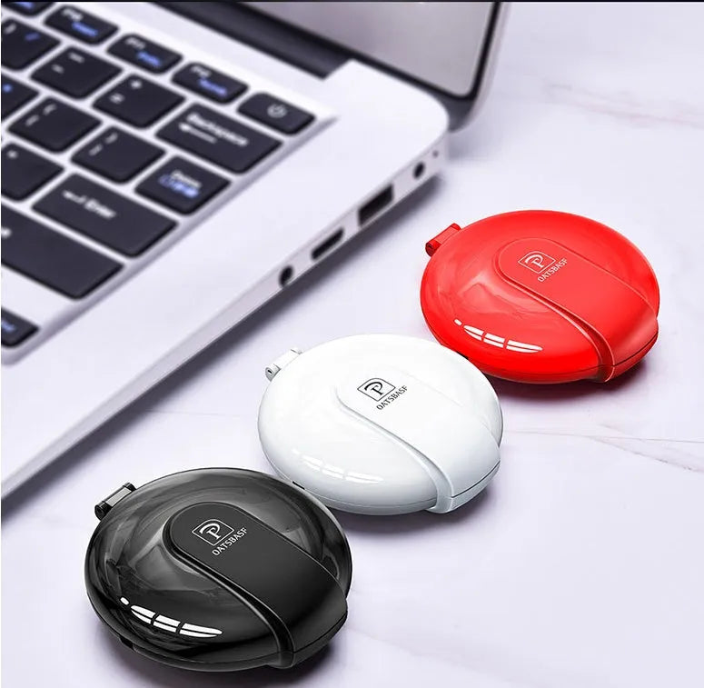 Black 3-in-1 magnetic retractable car phone charger with three plug heads and magnetic patch