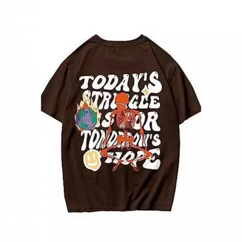 Men's short-sleeved printed streetwear T-shirt on a hanger, showing digital pattern design.