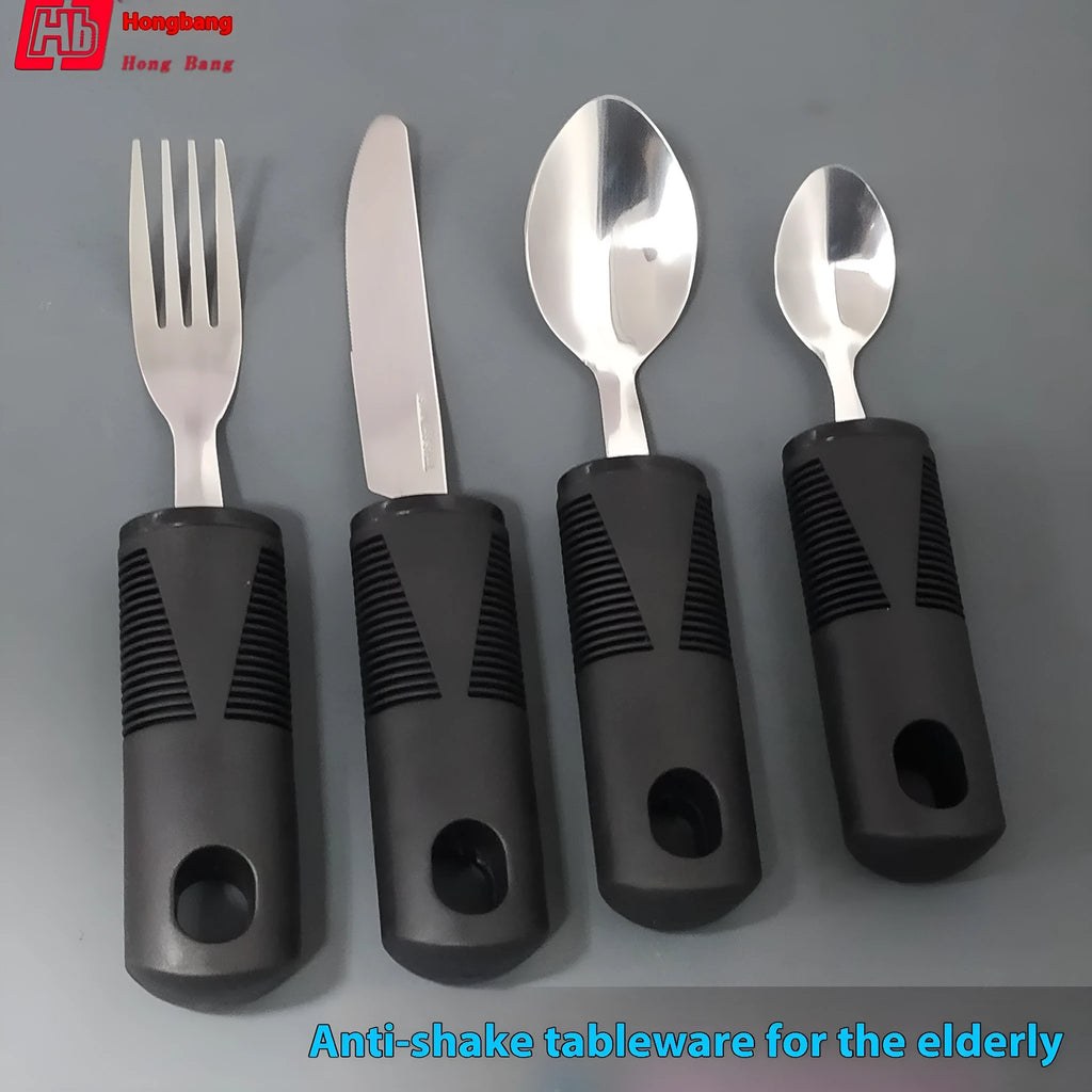 Stainless steel adaptive cutlery set with rubber handle anti-slip grip and spoon