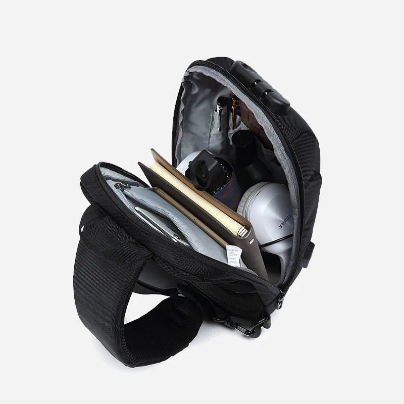 Multifunctional anti-theft waterproof shoulder bag in Oxford cloth, square section shape, available in multiple colours including black and dark blue.