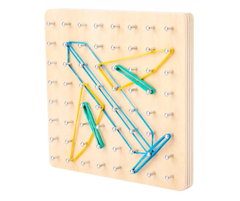 Yellow wooden Montessori nail plate 15x15x2cm on a flat surface