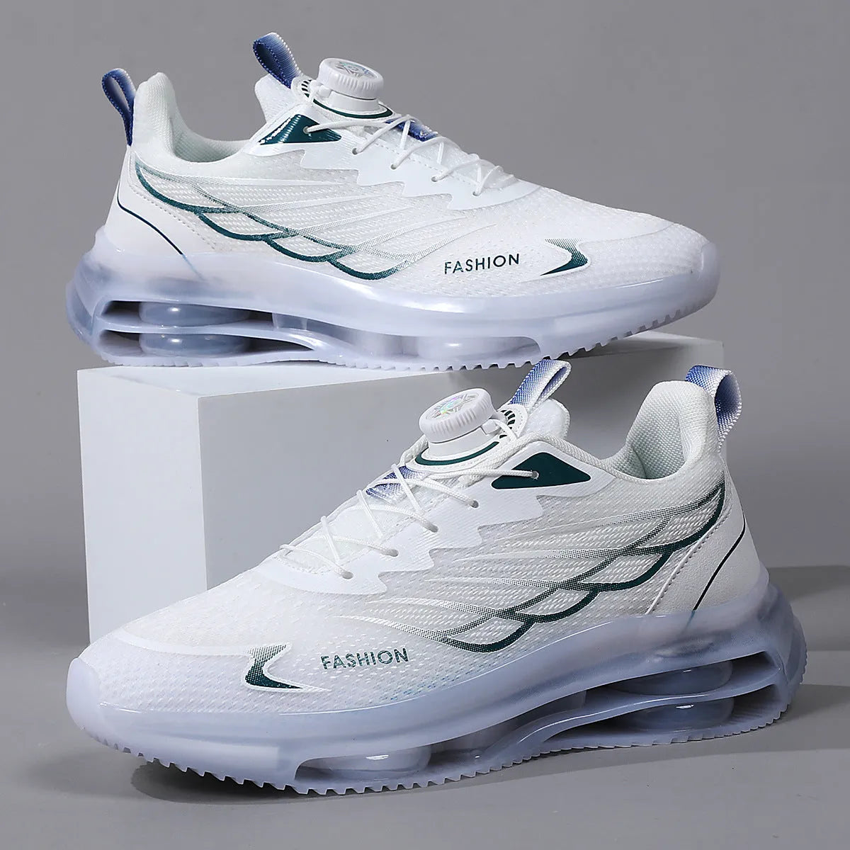 White Korean-style casual trainers with rotating button lace-up and mesh upper