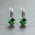 Women's copper earrings with inlaid zircon creating a diamond design, shown in blue, green, and colour options.