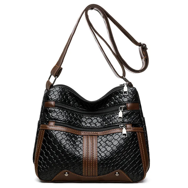 Woven single shoulder messenger bag in horizontal square shape with multiple compartments and PU leather construction