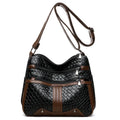 Woven single shoulder messenger bag in horizontal square shape with multiple compartments and PU leather construction