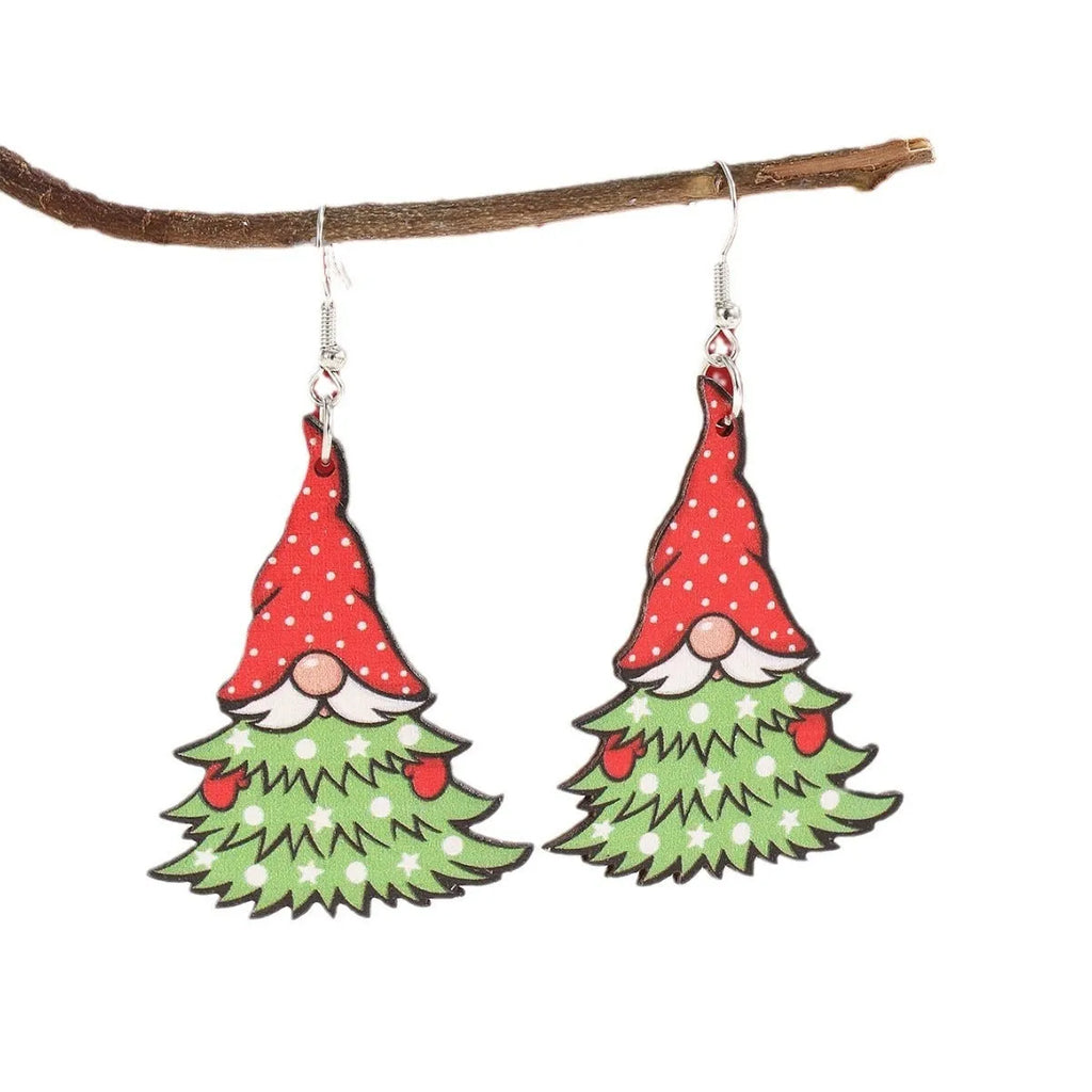Wooden Christmas earrings with printed tree and snowman designs in festive colours