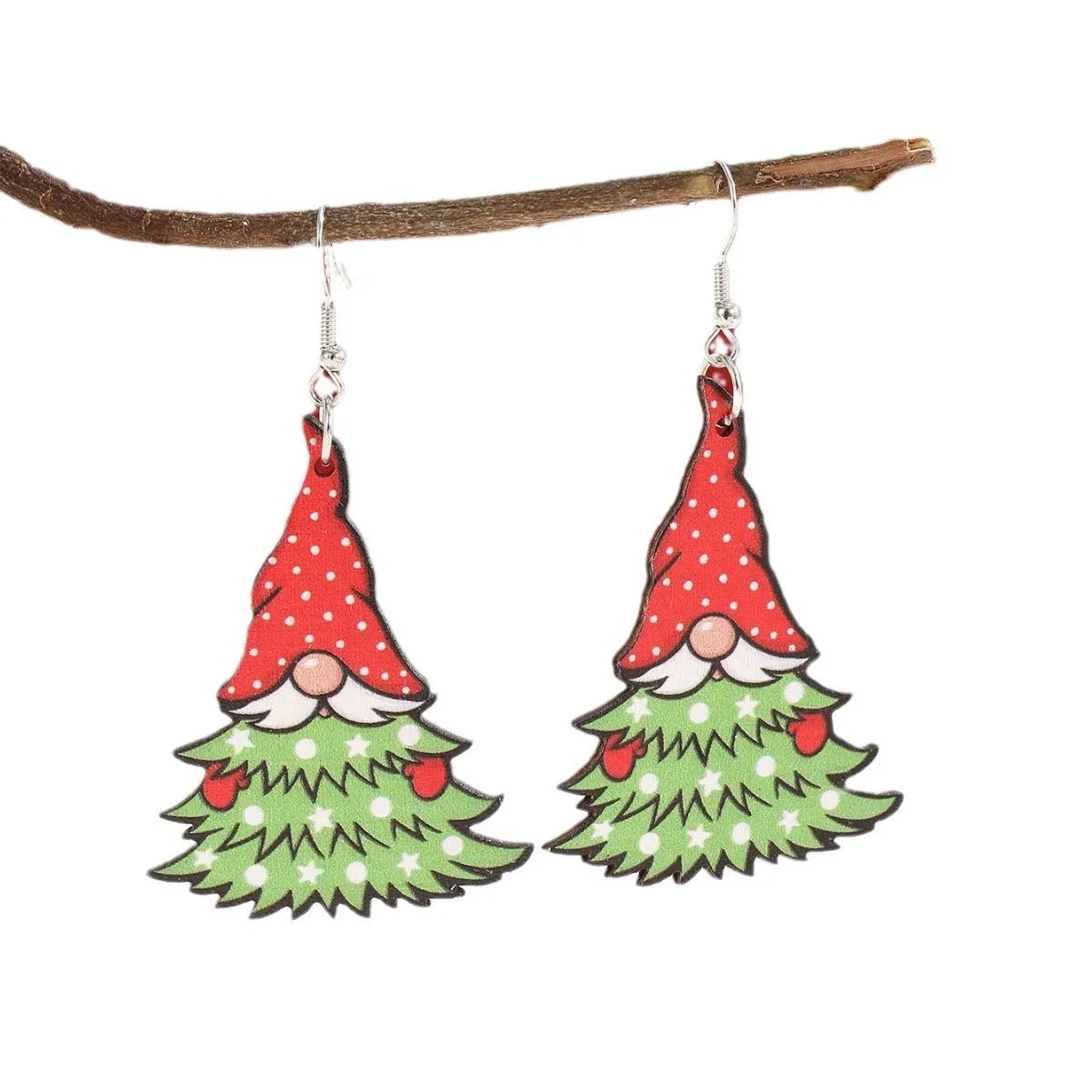 Wooden Christmas earrings with printed tree and snowman designs in festive colours