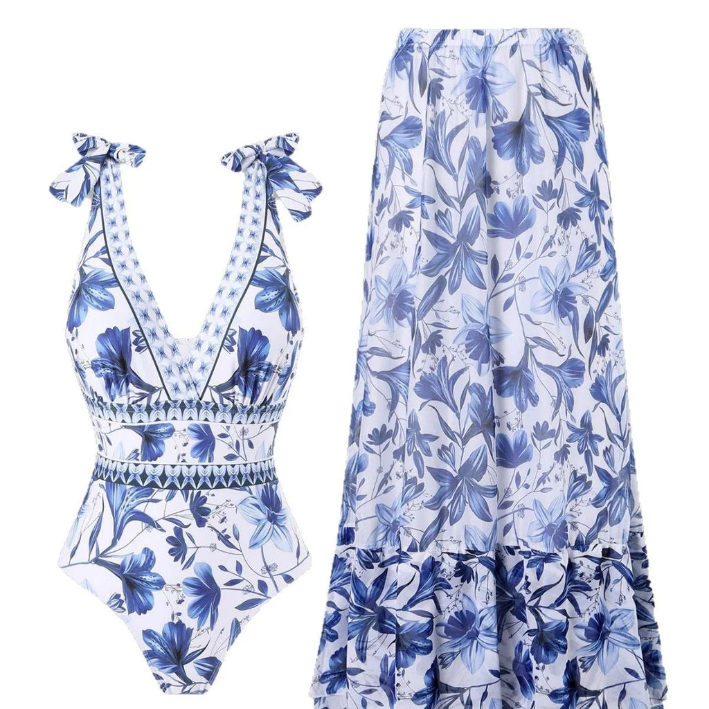 Women's one-piece swimsuit and chiffon dress set with high-waist bikini, solid colour, nylon and polyester, sizes S to XL