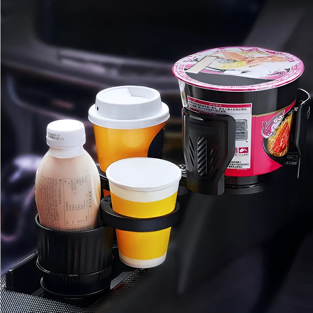 One Point Four adjustable car water cup holder in carbon fibre black showing retractable base.