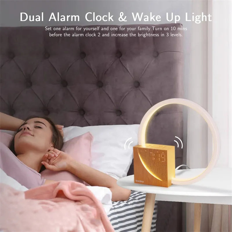 Touch-control bedside lamp with digital alarm clock display and wooden finish