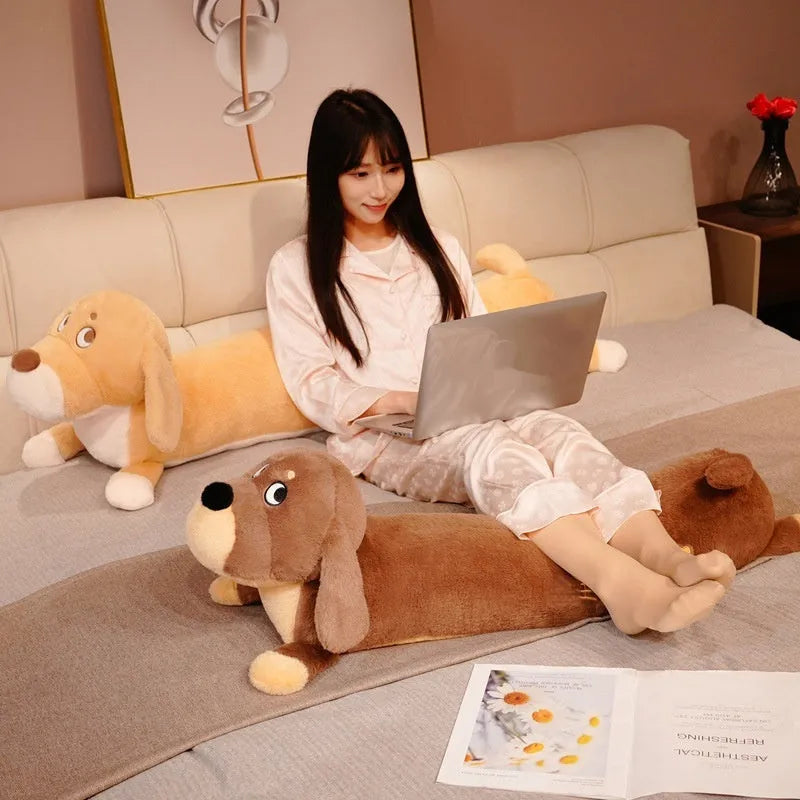 Cute cartoon puppy plush toy long pillow in short plush fabric, brown colour, 80cm size