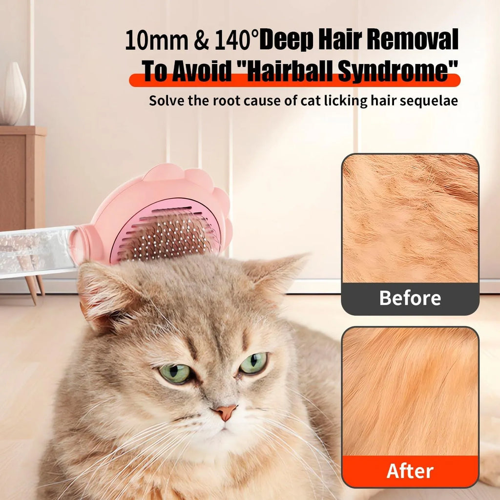 Self-cleaning spray cat brush with release button in grey, green, or pink colours for pet grooming