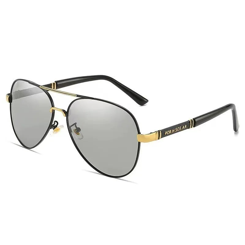 Men's gold metal frame polarised sunglasses with dragon decoration and grey lenses.